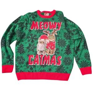 Party Sweater Women's‎ XL Catmas Ugly Christmas Sweater Green Red Cats Reindeer
